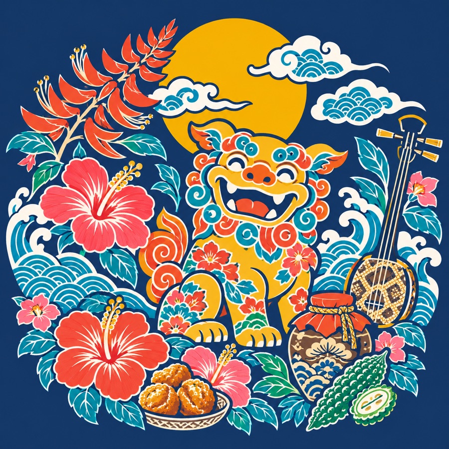 紅型風のイラスト。シーサー、太陽、ハイビスカス、デイゴ、波、三線、泡盛の甕、サーターアンダギー、ゴーヤー